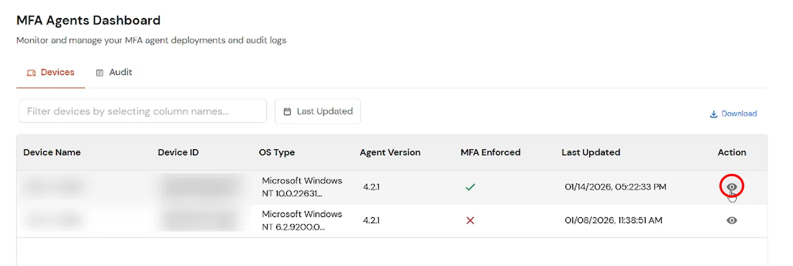 miniOrange Identity Platform Admin Handbook: Devices tab Action eye icon