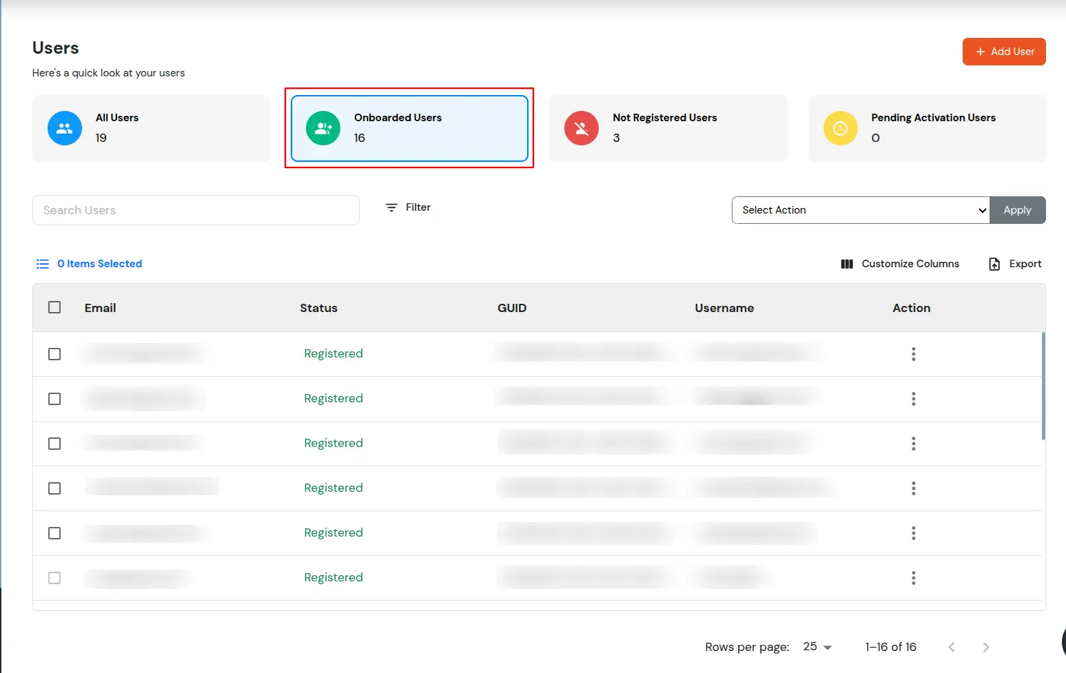 miniOrange Identity Platform Admin Handbook: Onboarding user list