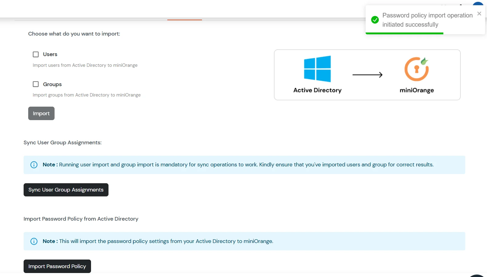 Password policy import success message