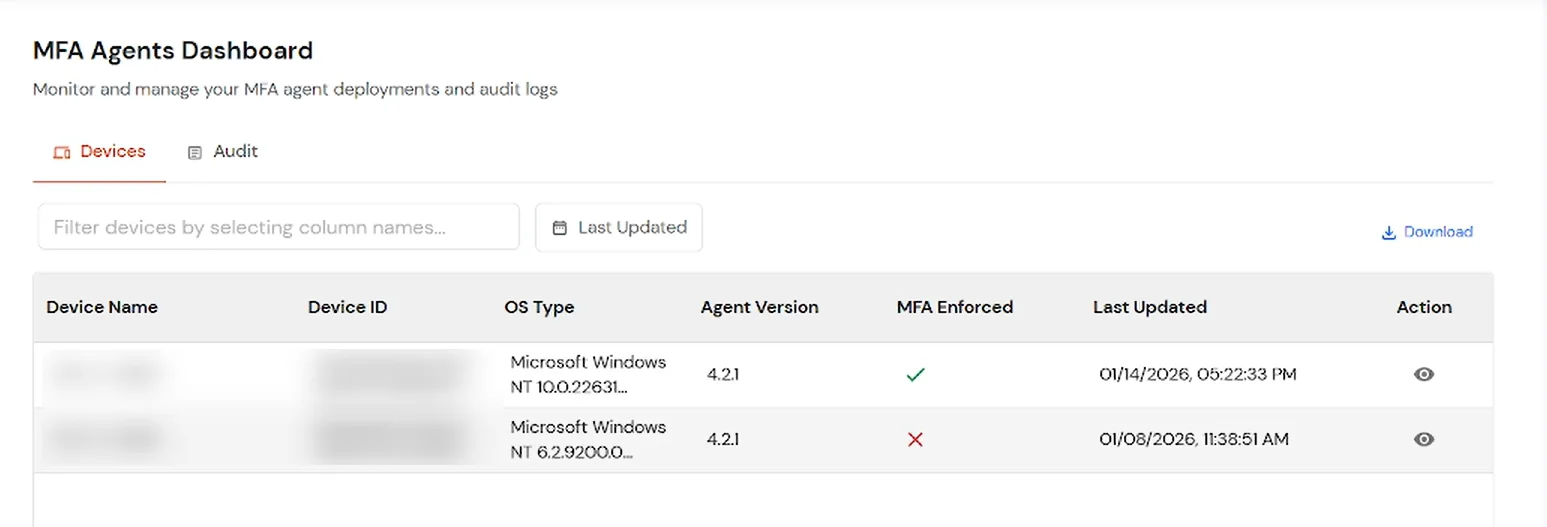 miniOrange Identity Platform Admin Handbook: MFA Agents Dashboard Devices tab