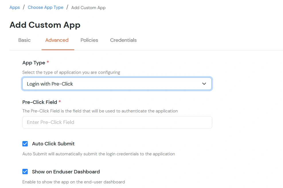 select login with pre click app type