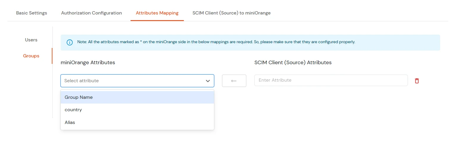 miniOrange Identity Platform Partner Portal Handbook: Select miniOrange Attribute from dropdown