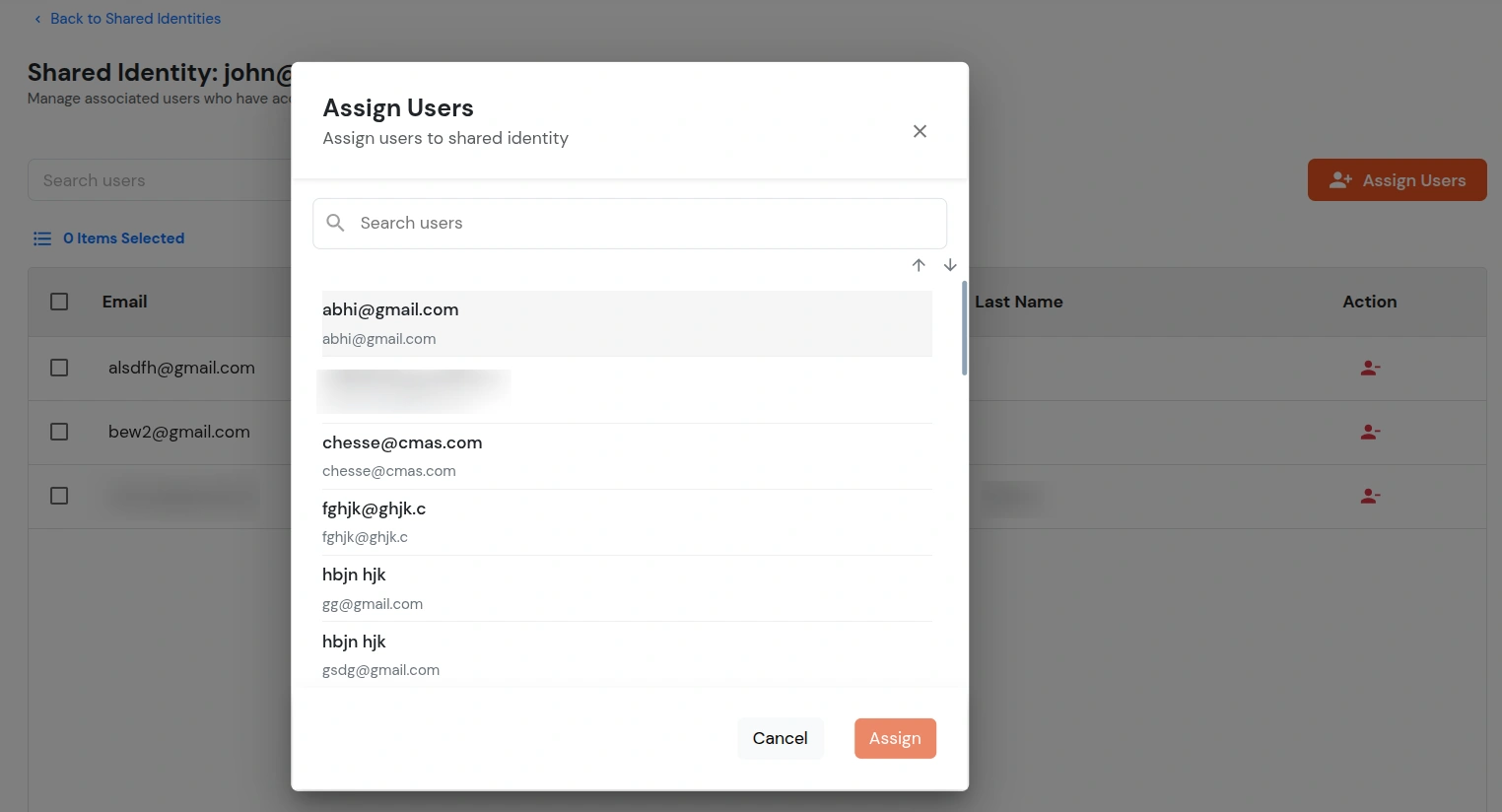 Manuale di amministrazione della piattaforma miniOrange Identity: selezione degli utenti per l'identità condivisa