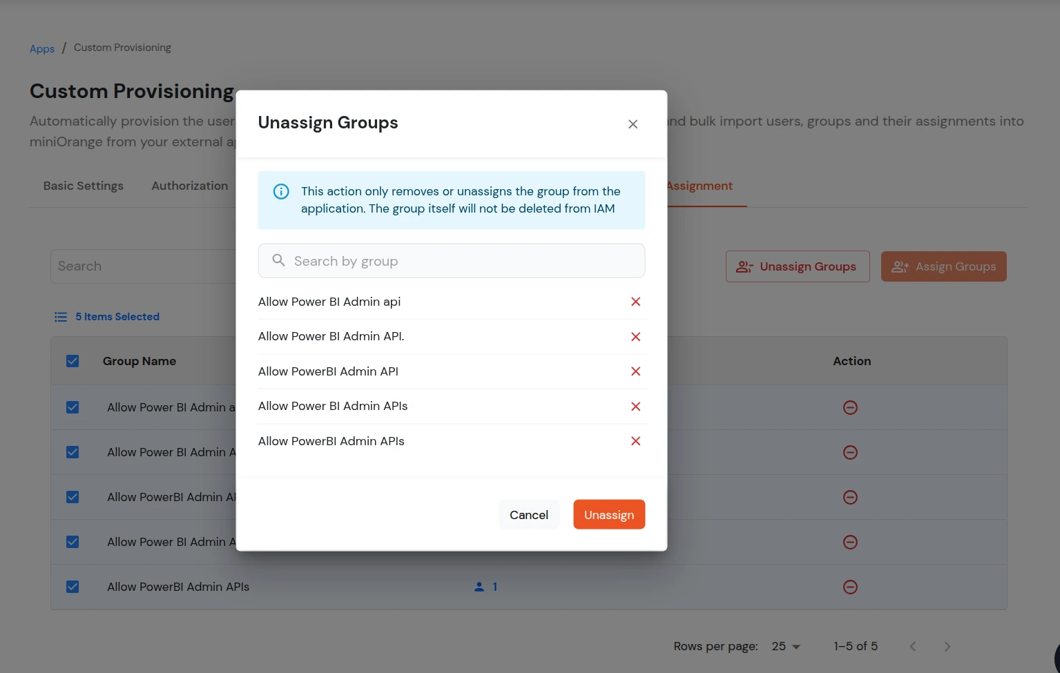 Custom Provisioning App - Unassign Group