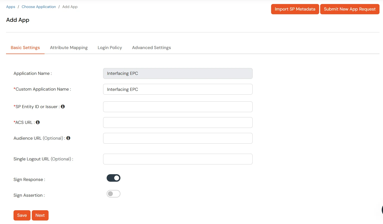 Interfacing EPC Single Sign-On (sso): Enter the following details