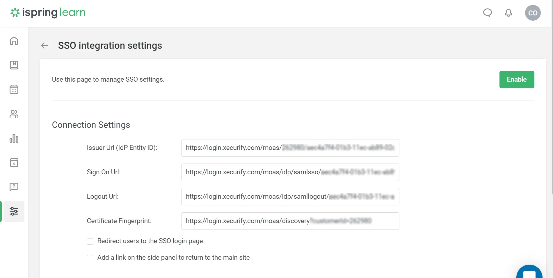 iSpring Single Sign On (sso) import metadata values