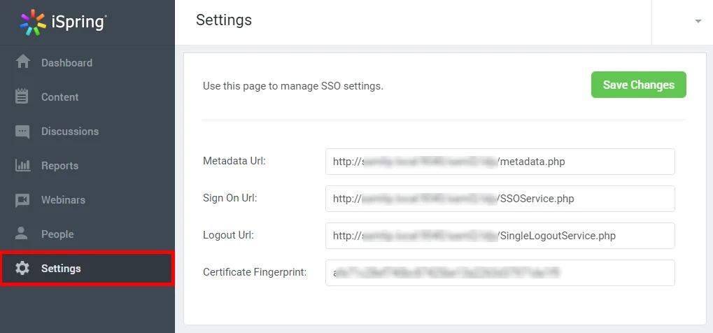 iSpring Single Sign On (sso) Metadata values