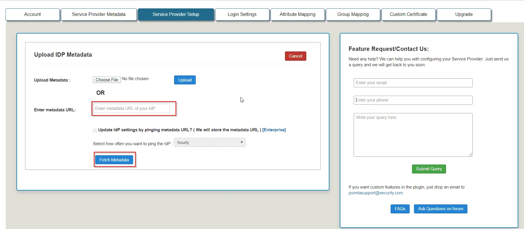 Joomla Single Sign On SSO SAML SP, Upload Metadata URL