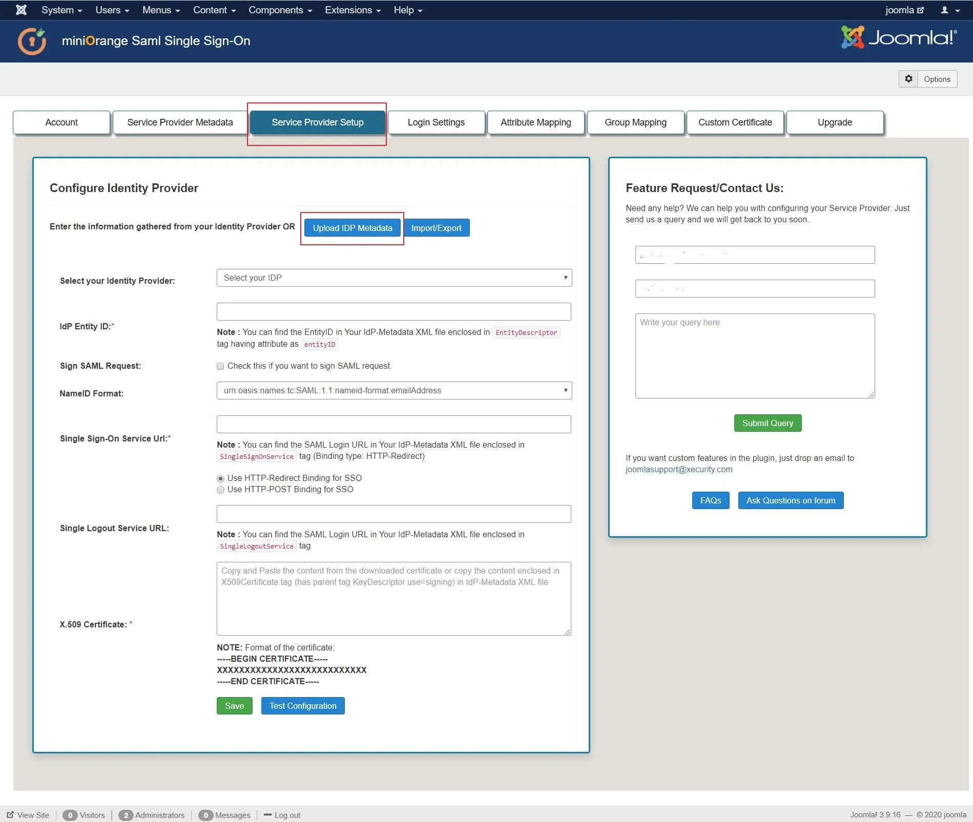 Joomla Single Sign On SSO SAML SP, Upload Metadata