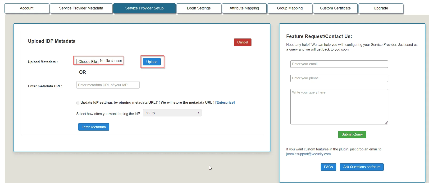 Joomla Single Sign On SSO SAML SP, Upload Metadata file