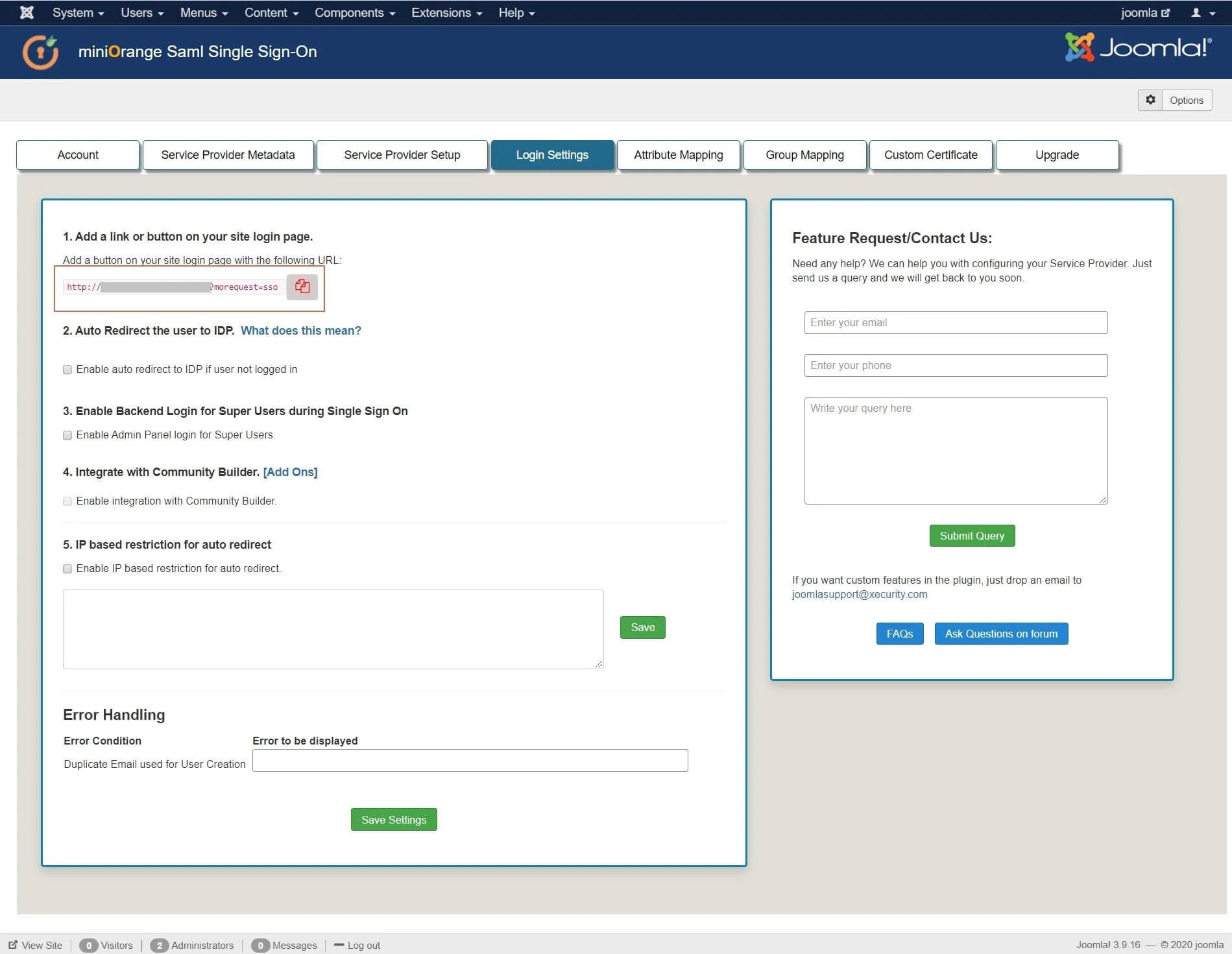 Joomla Single Sign On SSO SAML SP-Signin Settings