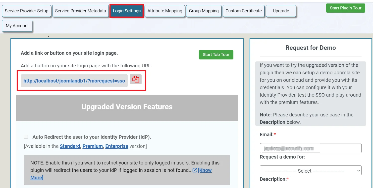 Joomla Single Sign On SSO SAML SP-Signin Settings