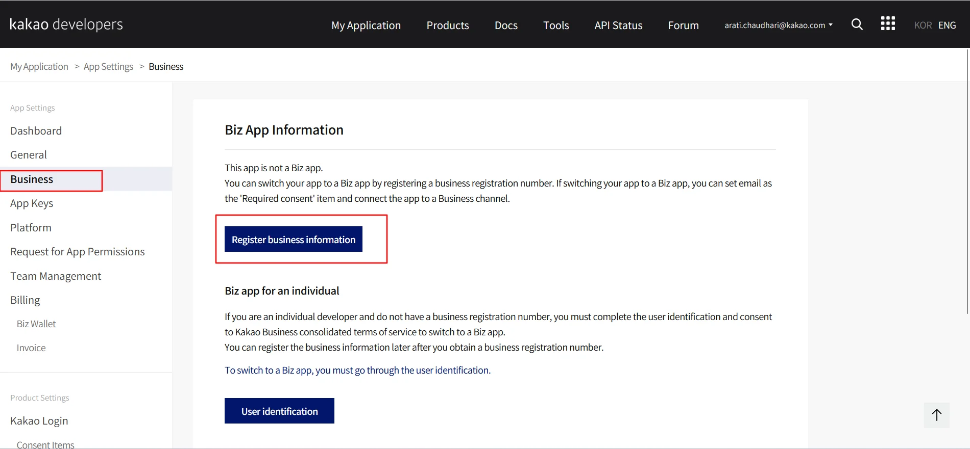 Kakao Single Sign On : Click on Business