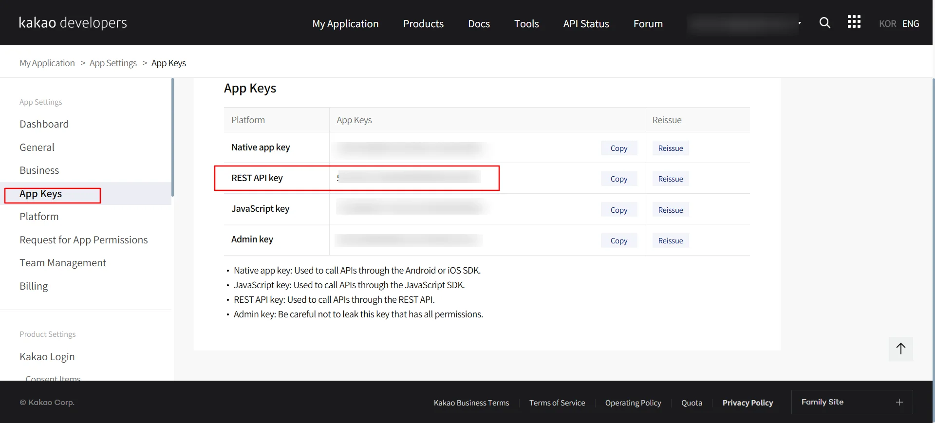 Kakao Single Sign On : Click API Keys and copy REST API Key and paste it into Client ID