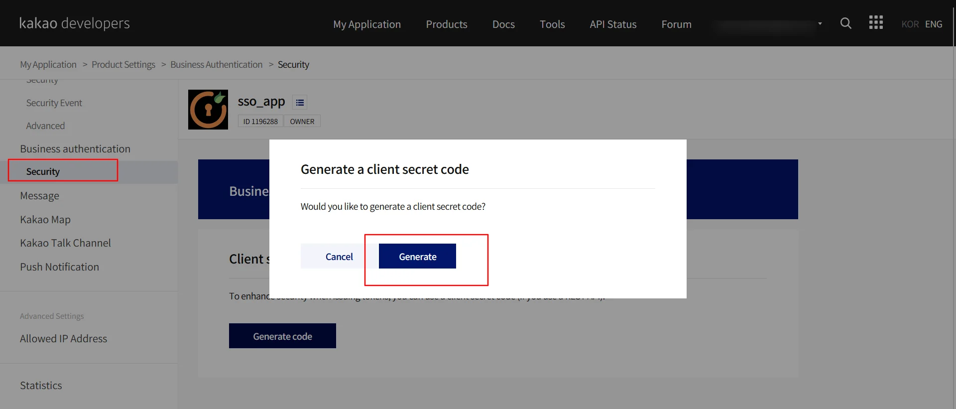 Kakao Single Sign On : Go to Business Authentication and click Security