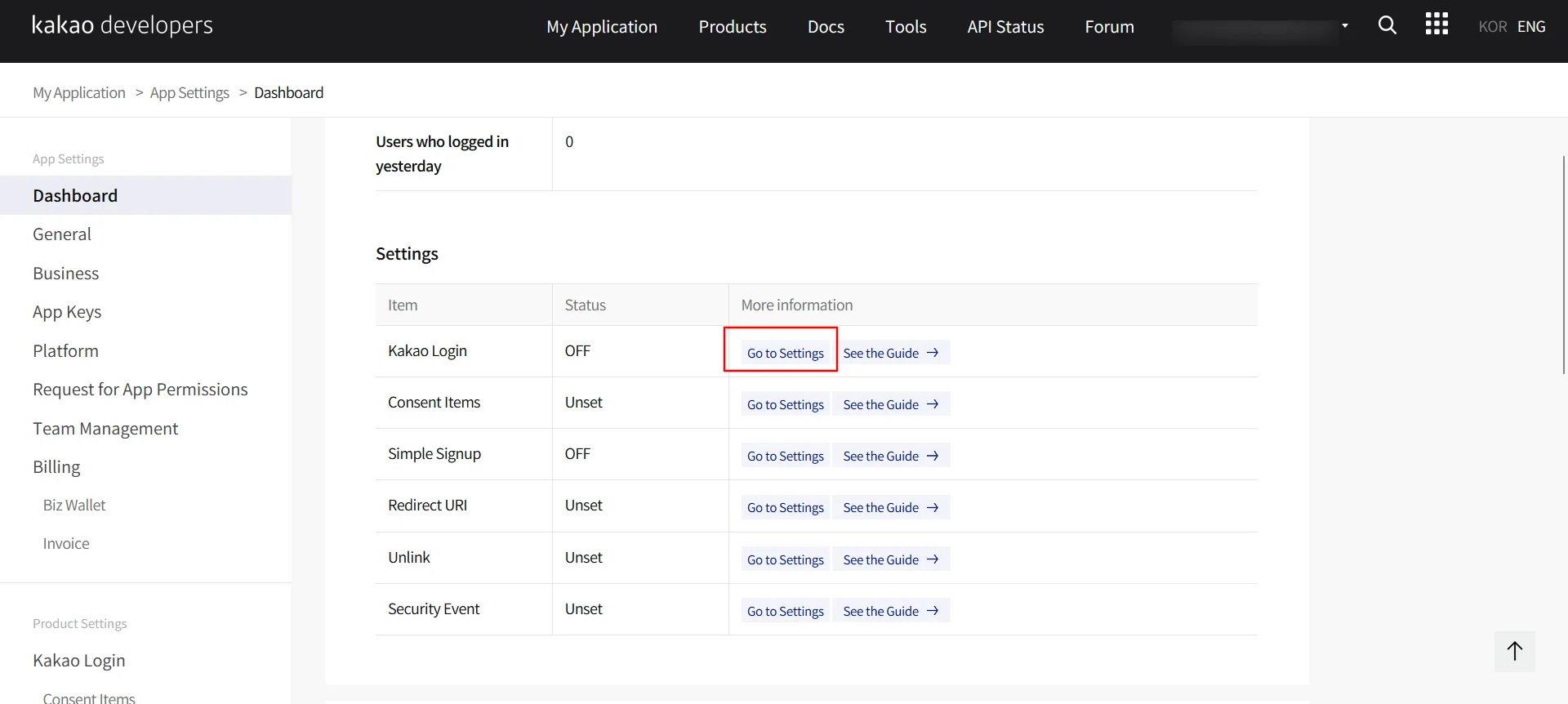 Kakao Single Sign On : Under Settings > click Go to Settings
