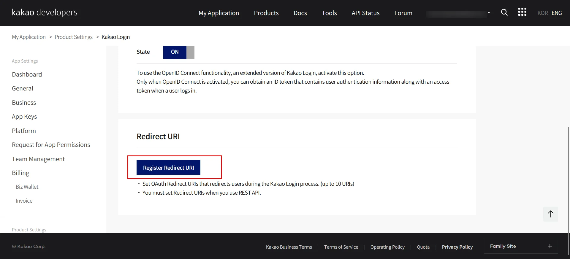 Kakao Single Sign On : Click Register Redirect URI