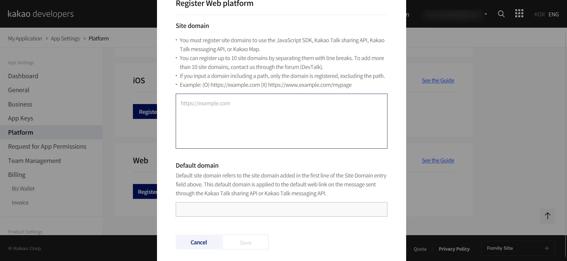 Kakao Single Sign On : Click on Register Web Platform