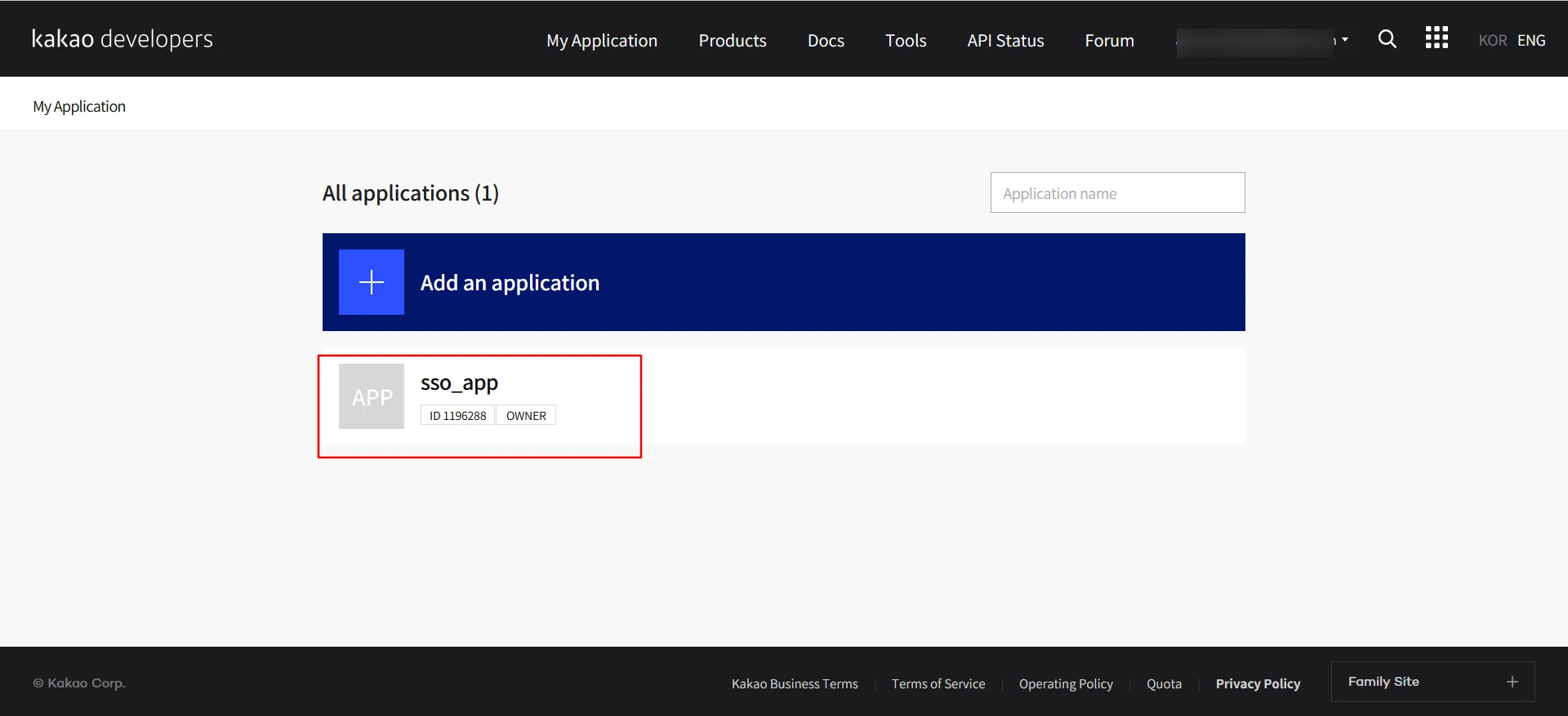 Kakao Single Sign On : Select recently created app