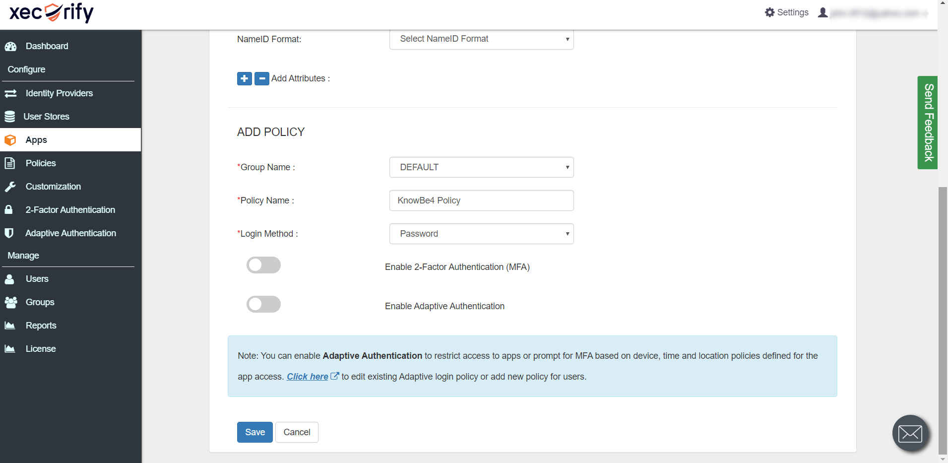 Knowbe4 Single Sign On (sso) add policy and save to configure