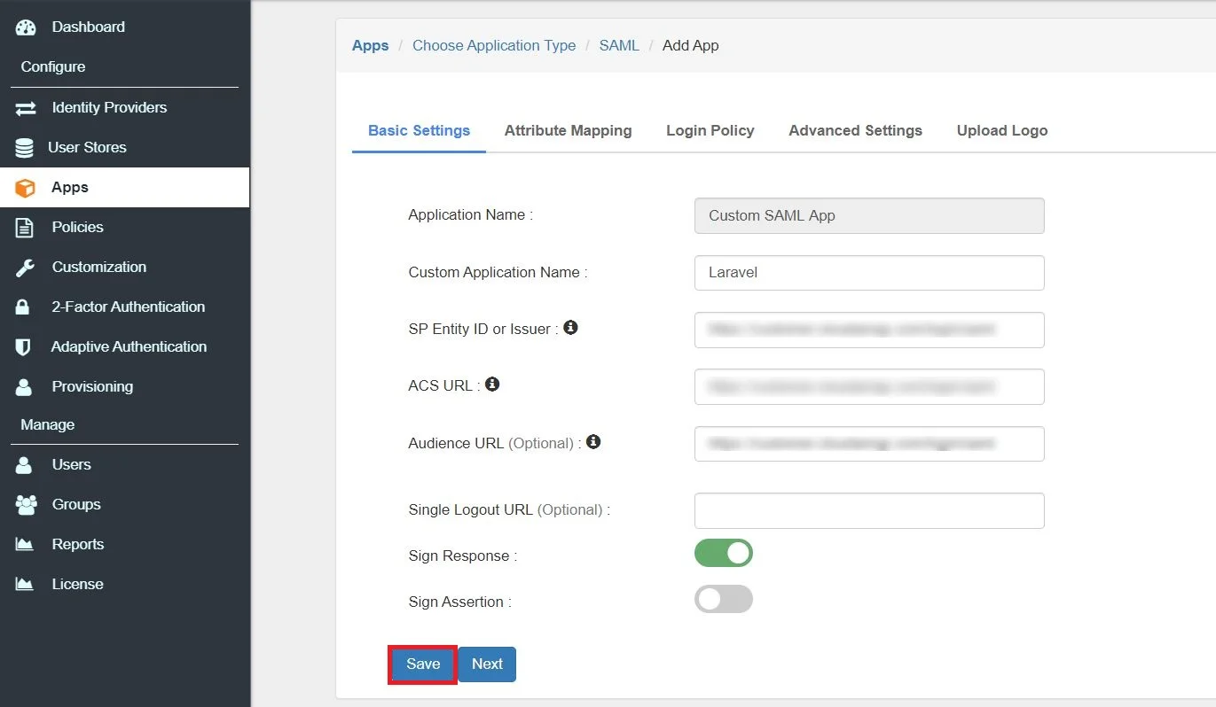 Laravel Single Sign-On (sso) Add SAML Application