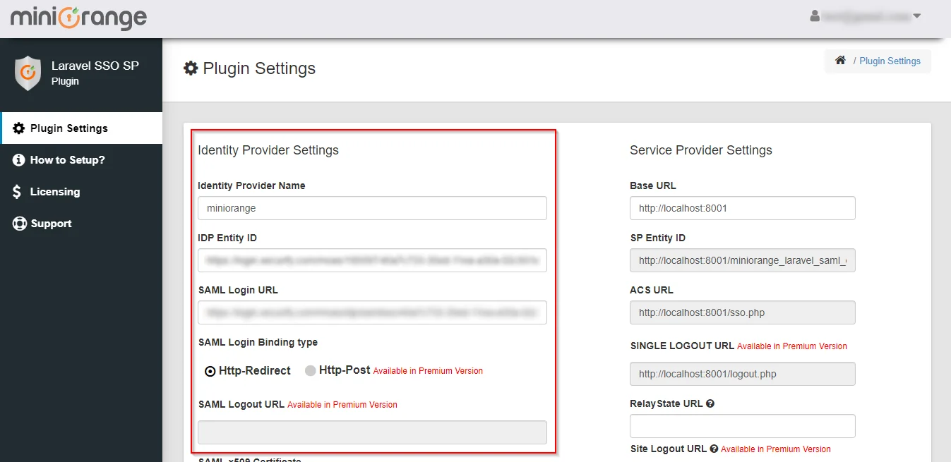 Laravel Single Sign-On (SSO) Identity Provider Settings