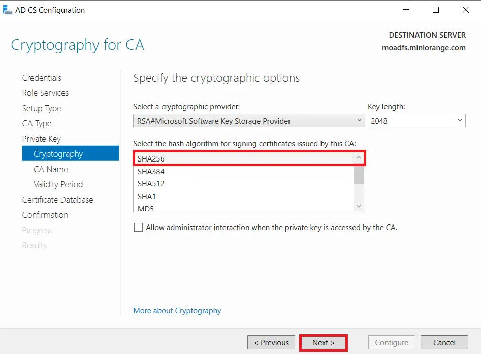 LDAPS on Windows Server cryptograpghy algorithm