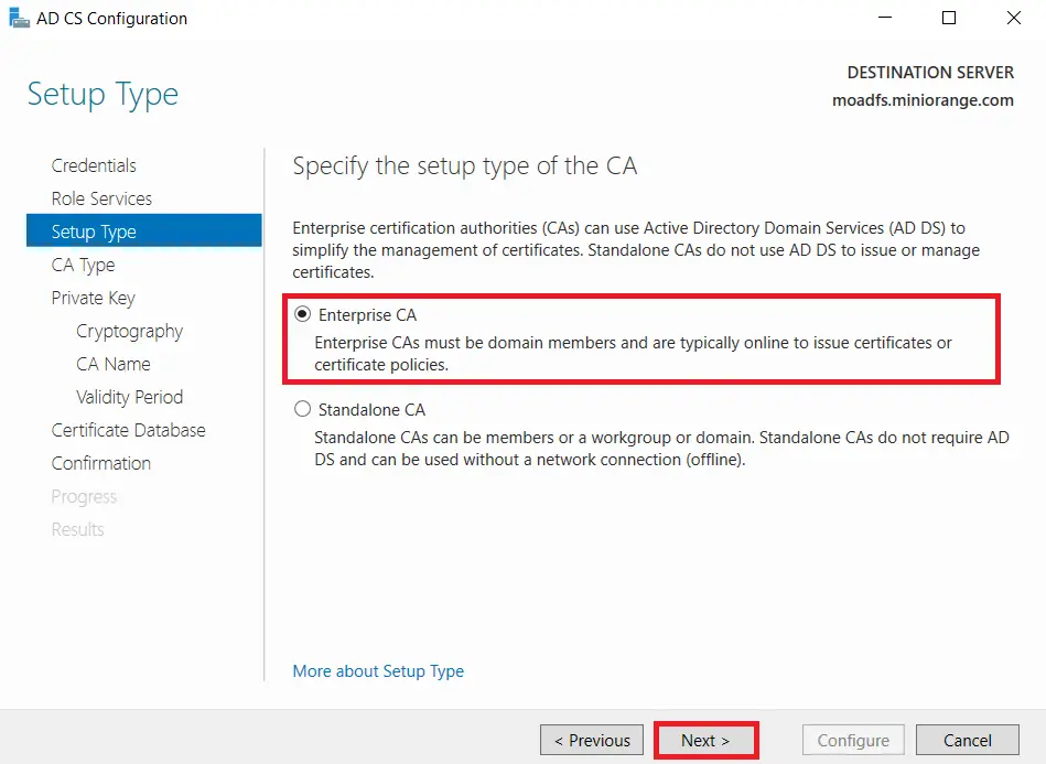 LDAPS on Windows Server select enterprise ca