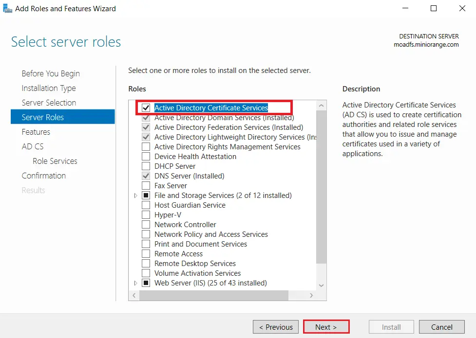 LDAPS on Windows Server select roles