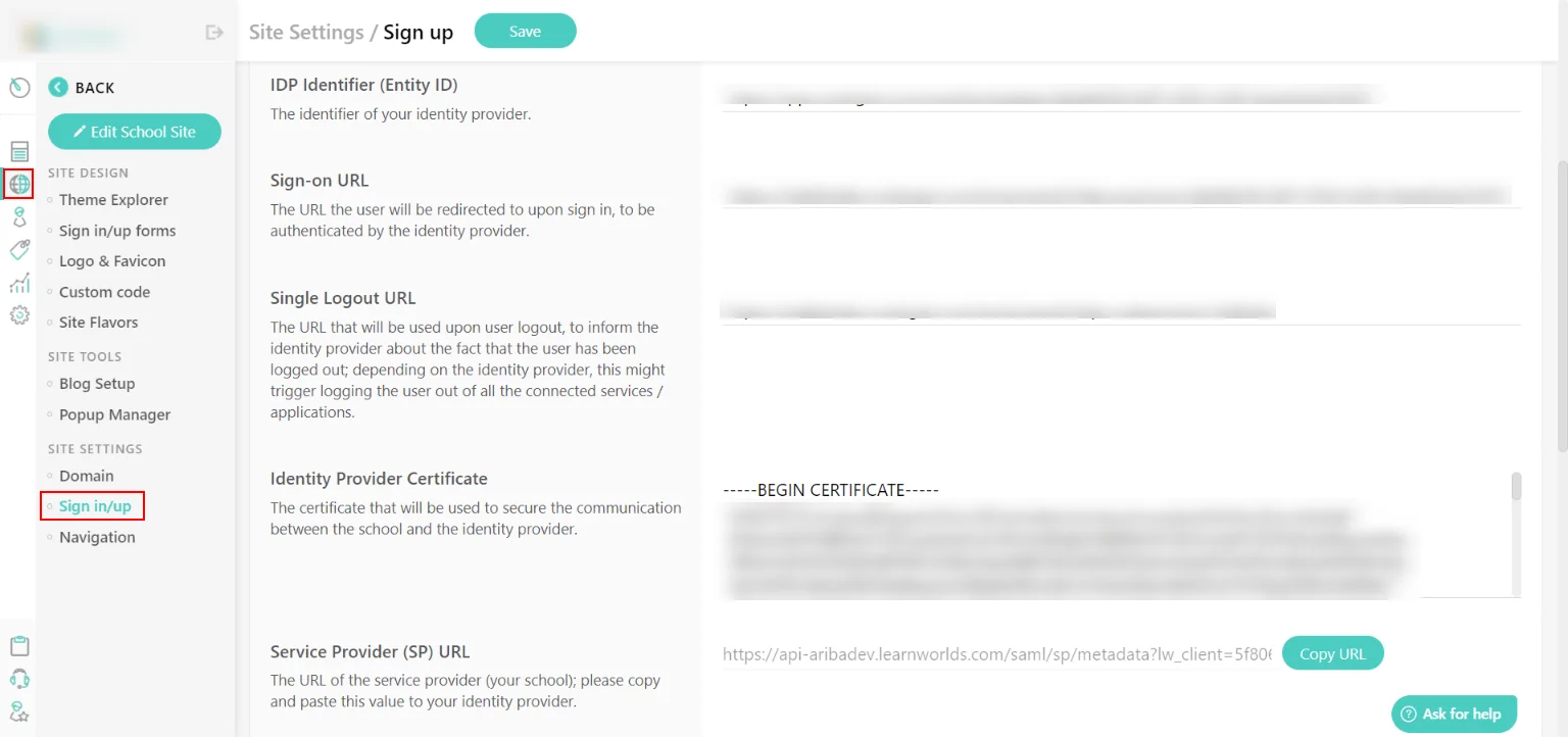 LearnWorlds Single Sign-On (sso) Admin Dashboard