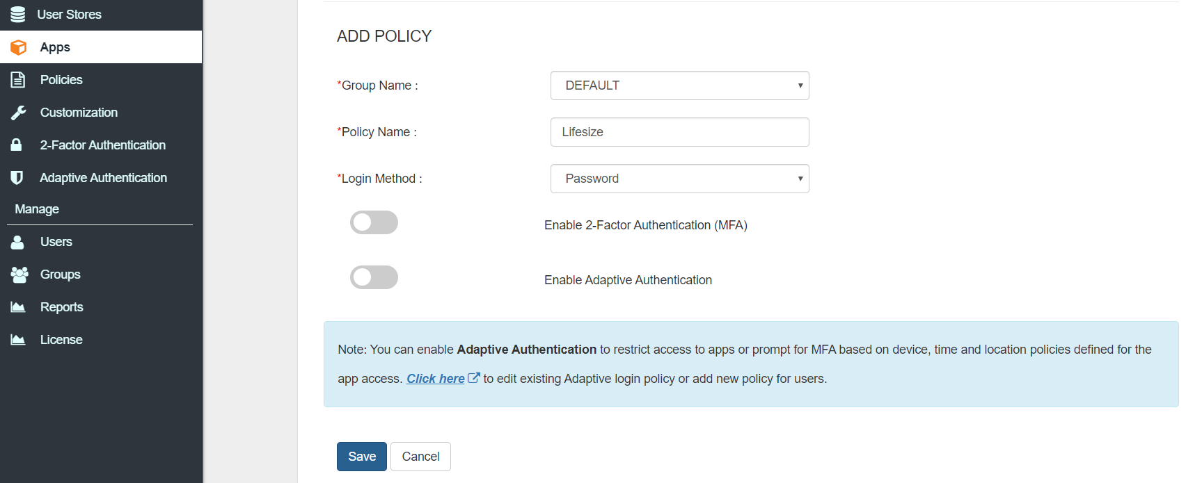 Lifesize Two Factor Authentication (2FA) save configurations