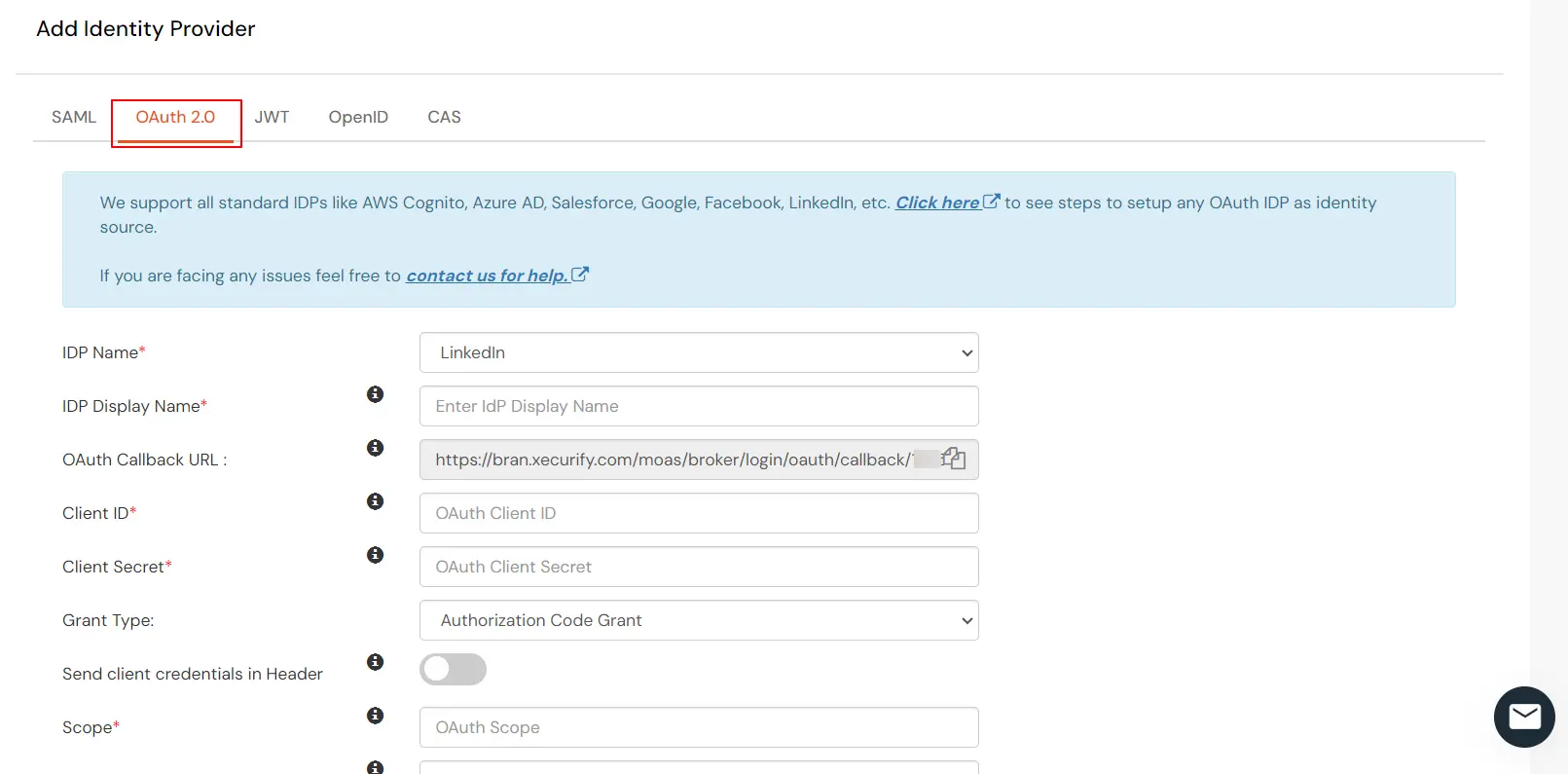 Select OAuth 2.0 to setup LinkedIn as IDP