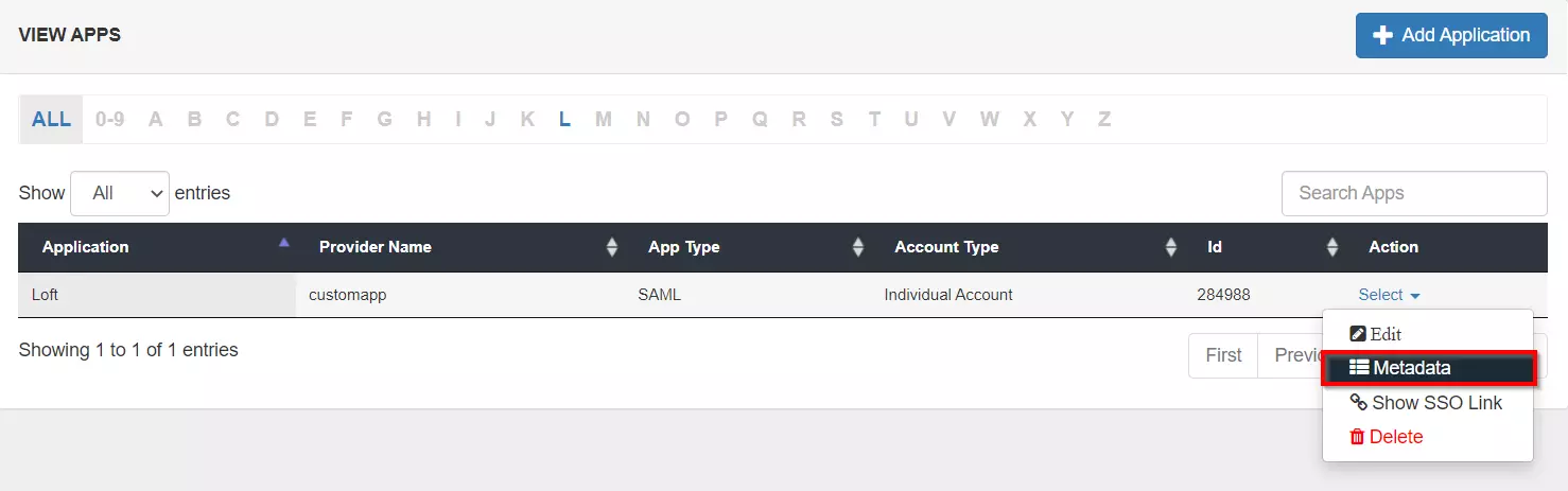 Loft SSO (Single Sign-On) Select Metadata for SAML