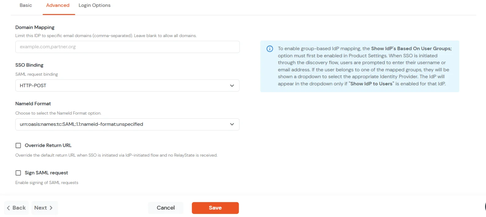 Google Workspace as SAML IdP: SAML Identity Provider Advanced tab (Domain Mapping, SSO Binding, NameId Format)