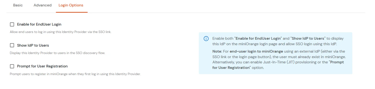 Google Workspace as SAML IdP: Login Options tab (Enable for EndUser Login, Show IdP to Users)