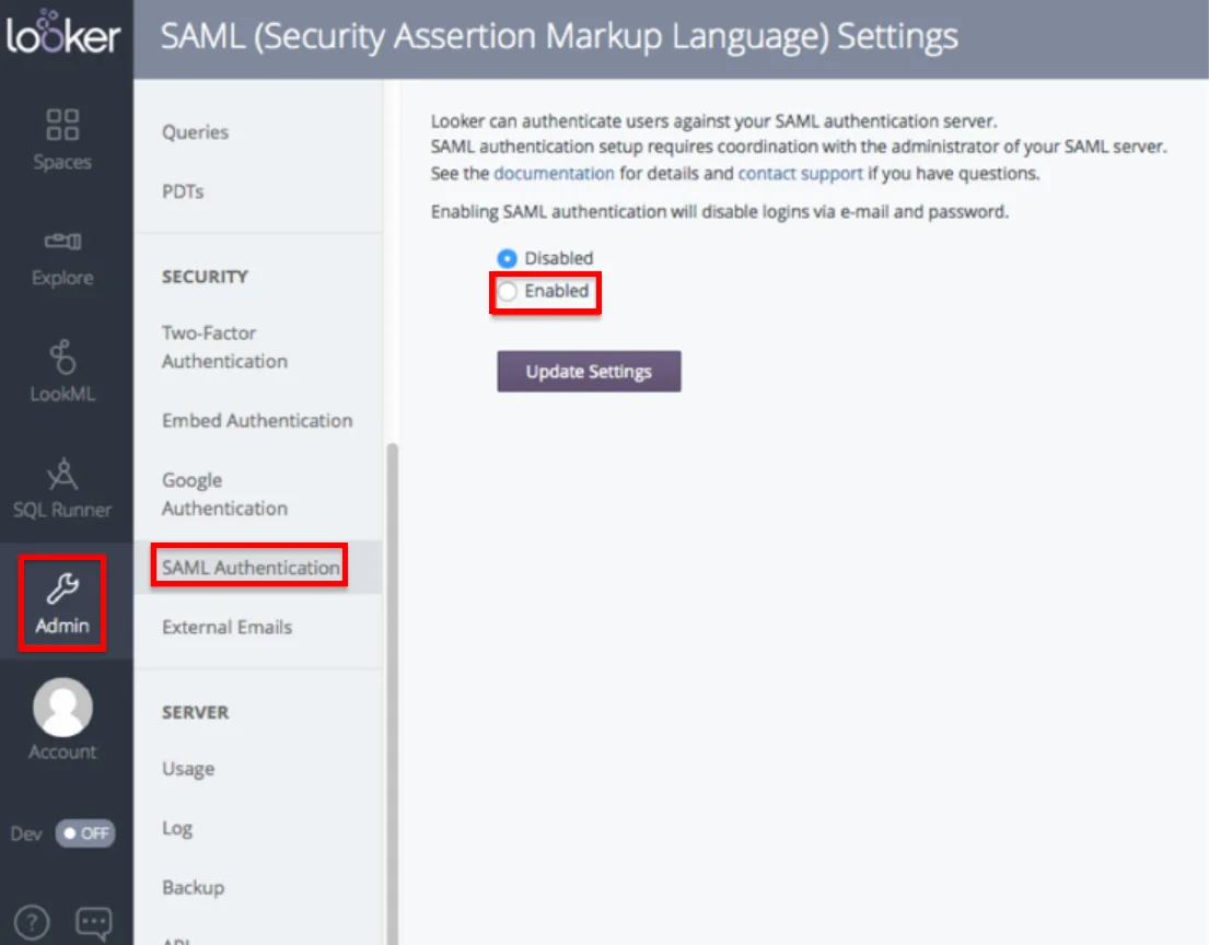 Looker Single Sign On (sso) Admin Dashboard