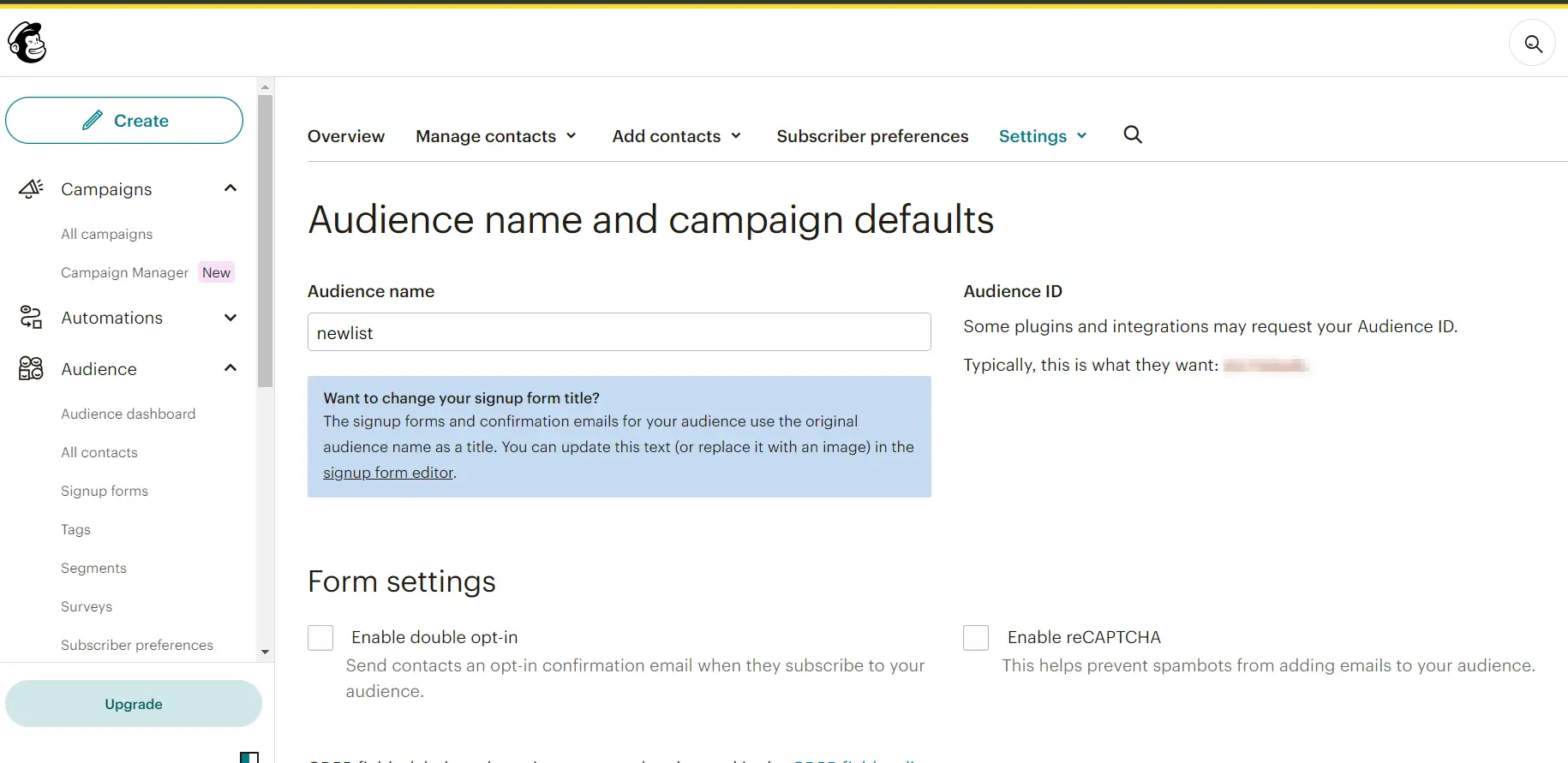 MailChimp Provisioning : Audience settings