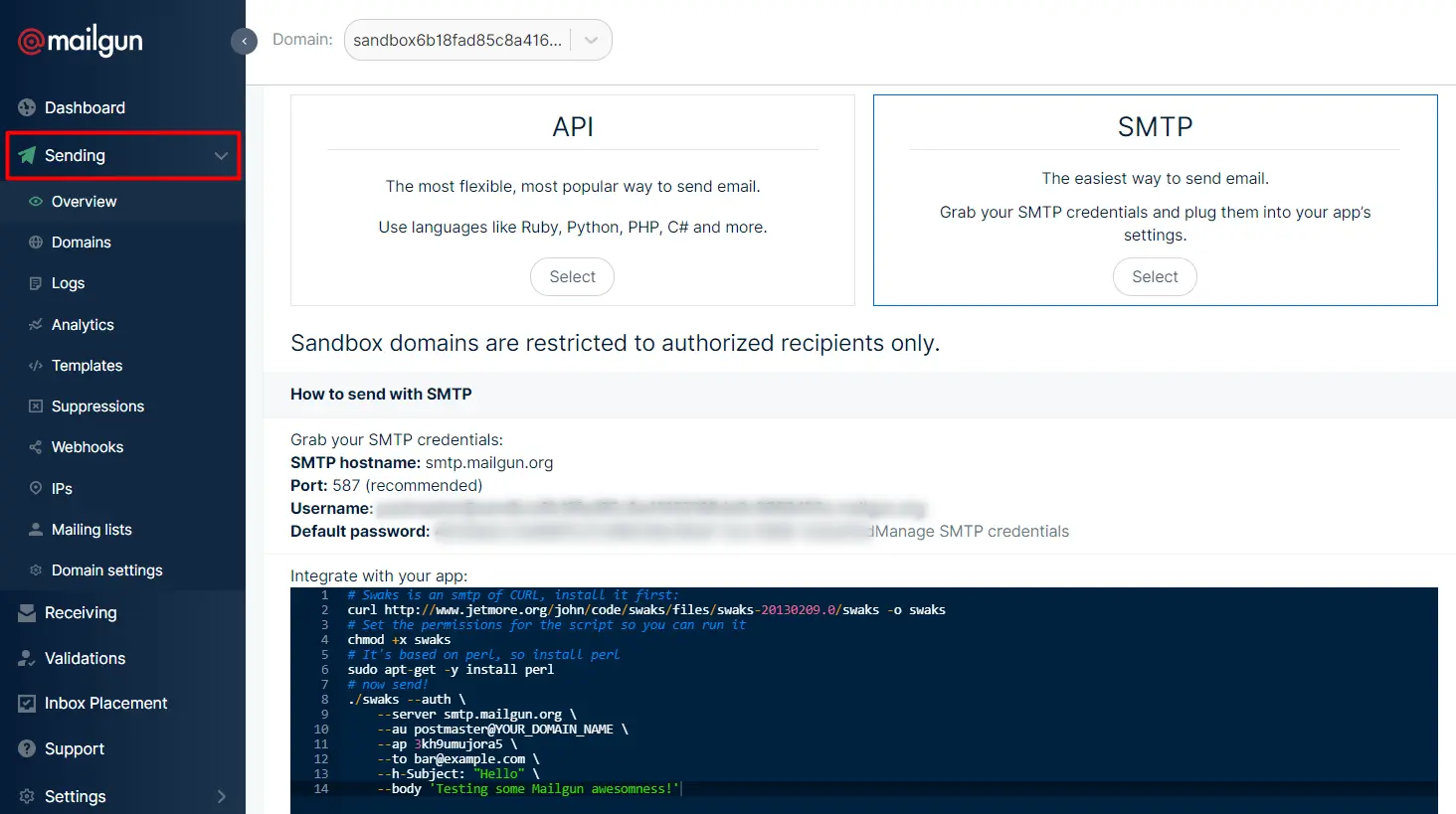 SparkPost SMTP dashboard