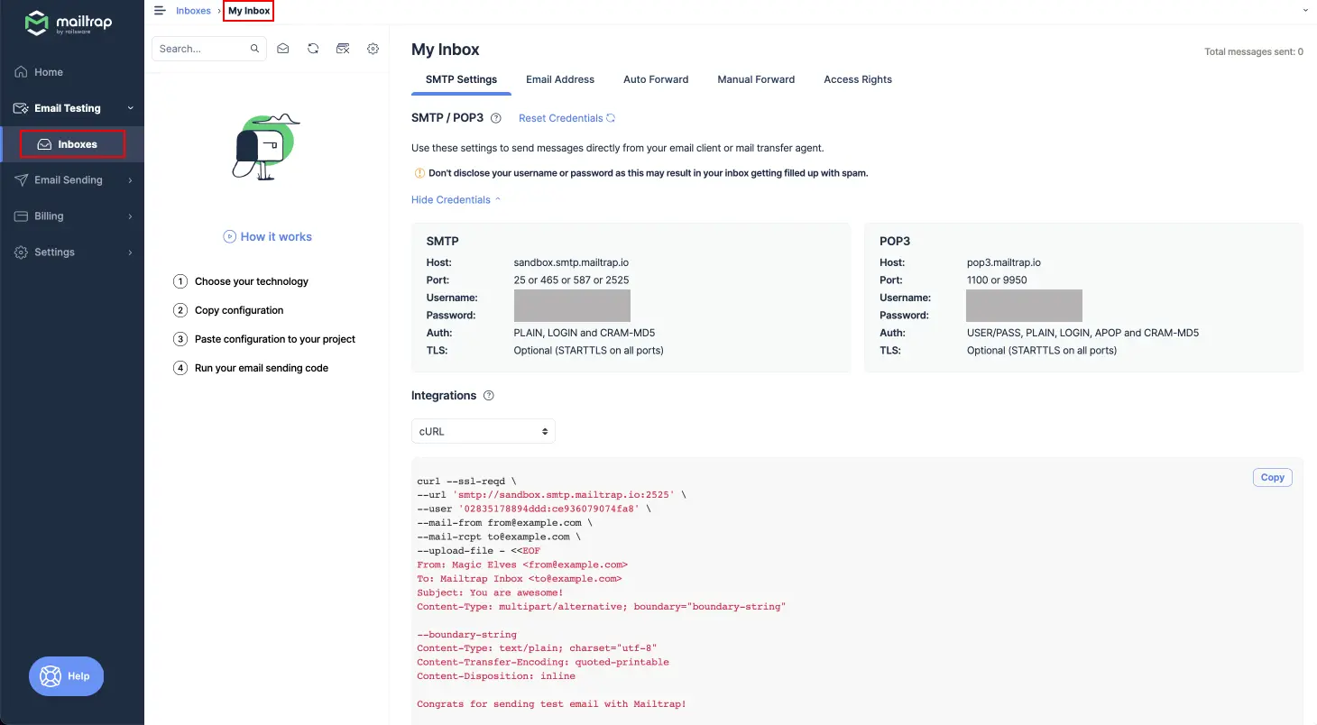 Mailtrap SMTP dashboard