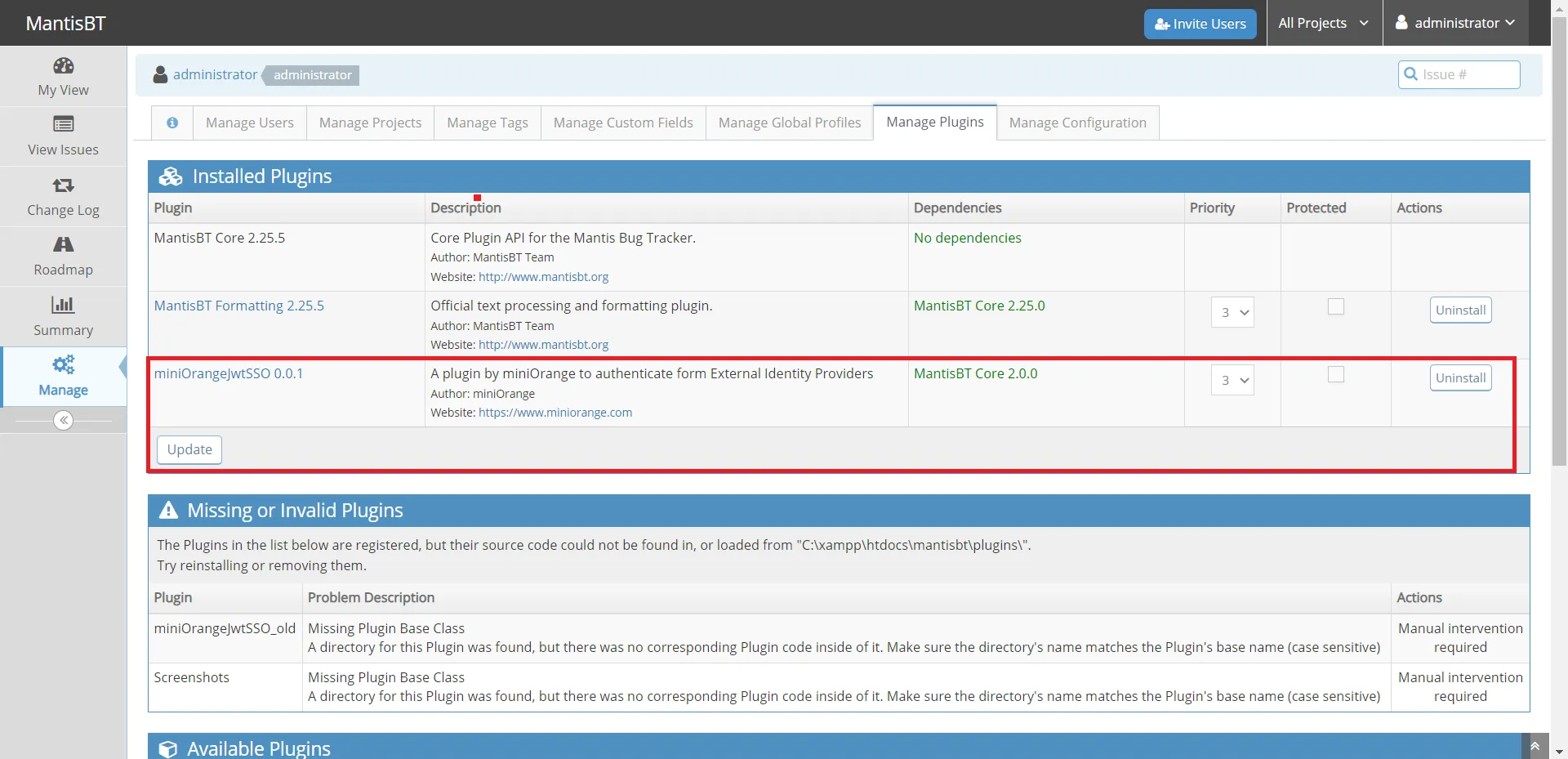 Installed plugins section