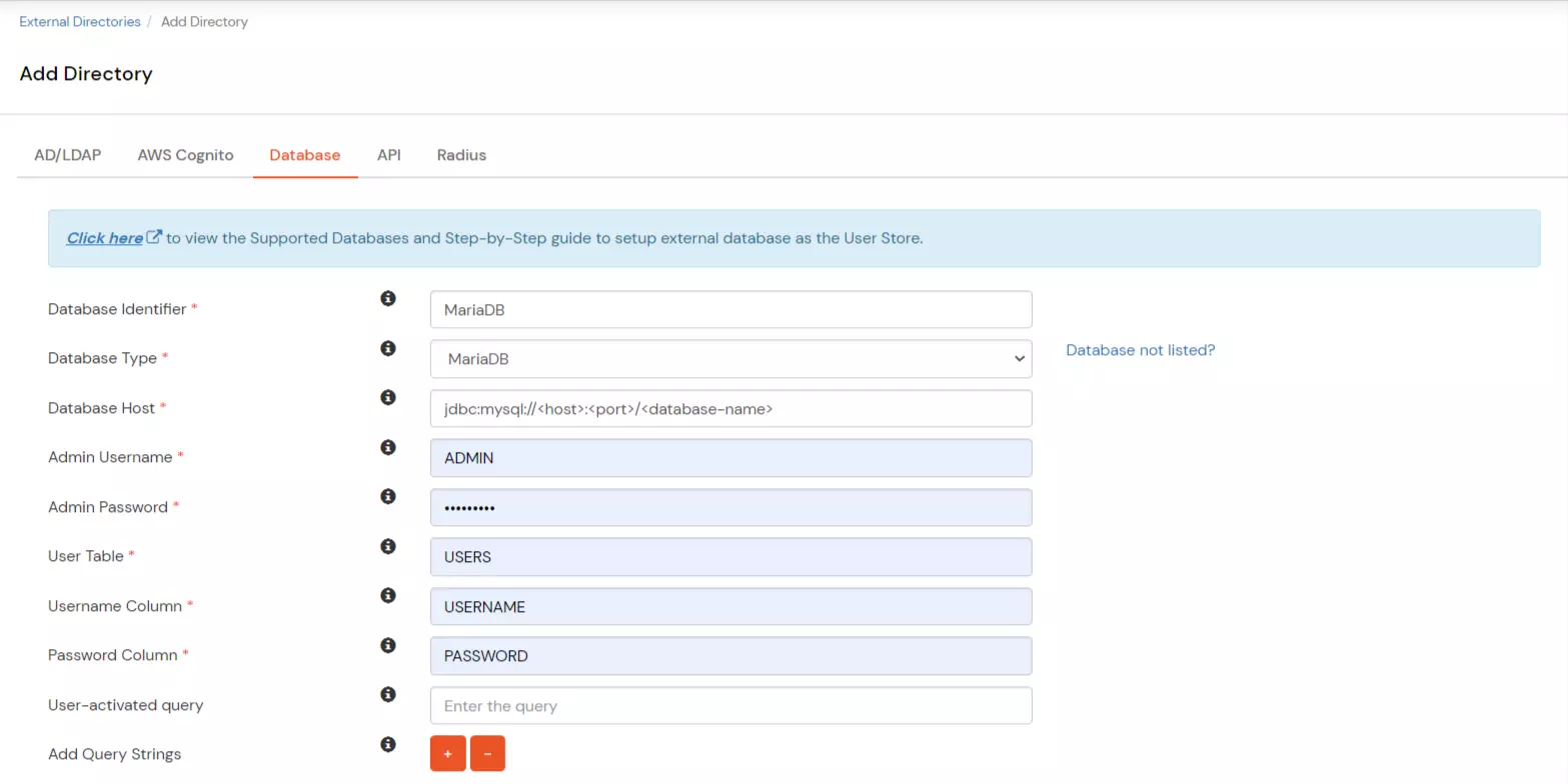 User Provisioning, Database Provisioning Query Strings