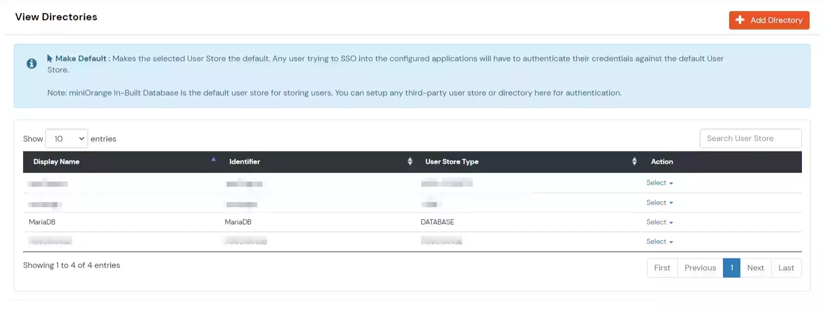 User Provisioning, Database Provisioning Edit External Directory dropdown