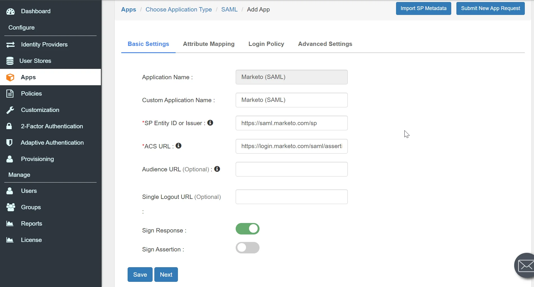 Marketo two-factor authentication (2FA) : Add IDP