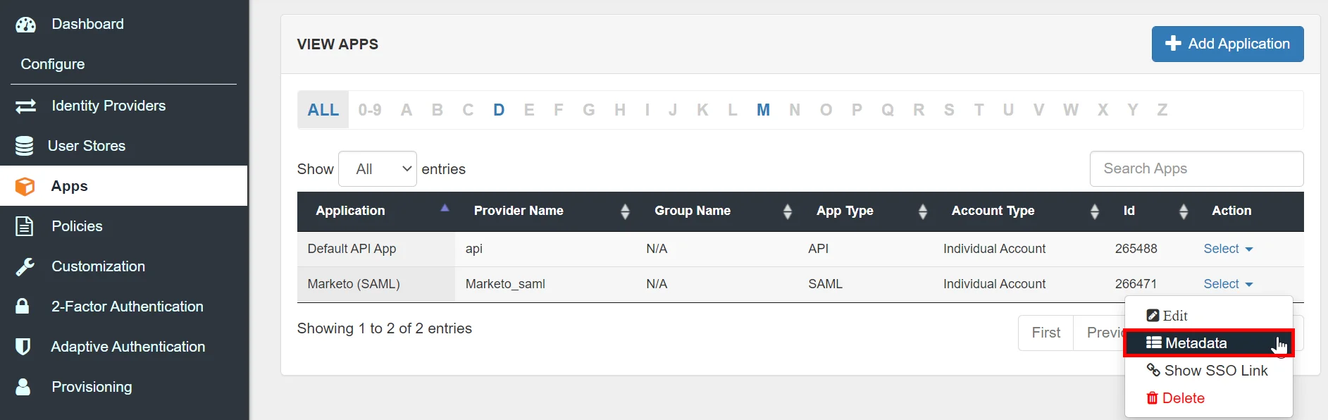 Marketo two-factor authentication (2FA) : Select Metadata