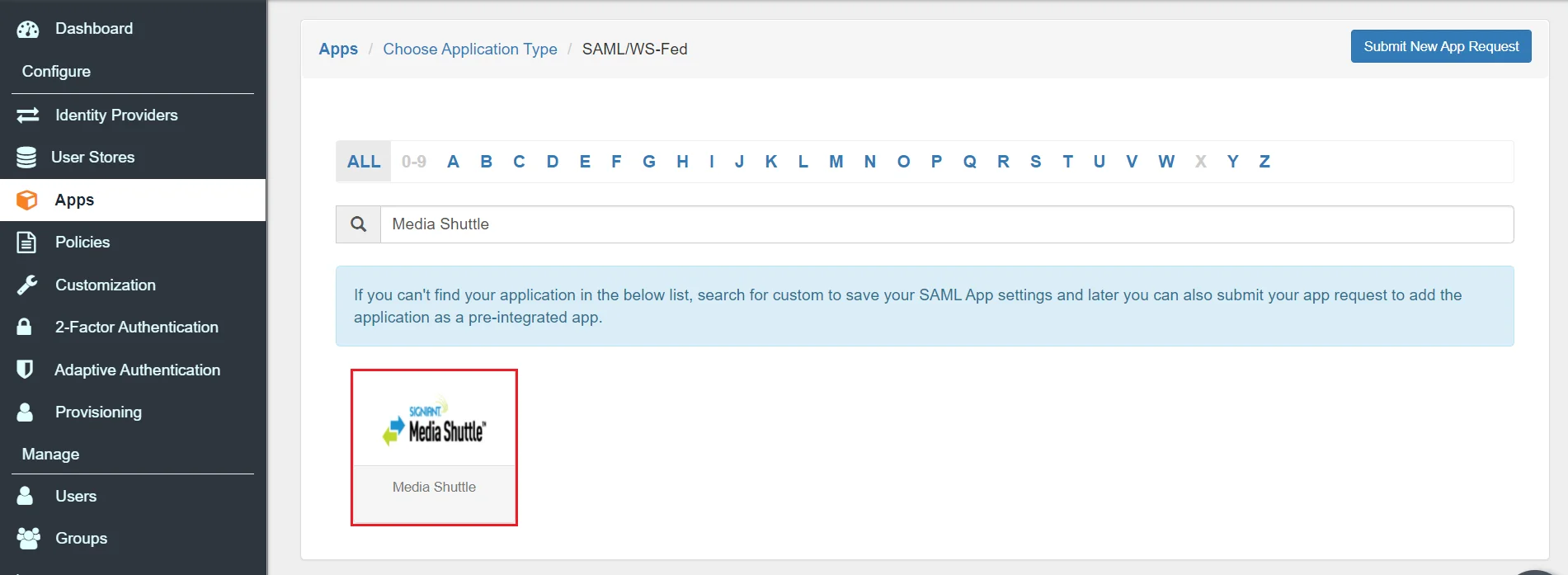 Media Shuttle Single Sign-On (SSO) manage apps