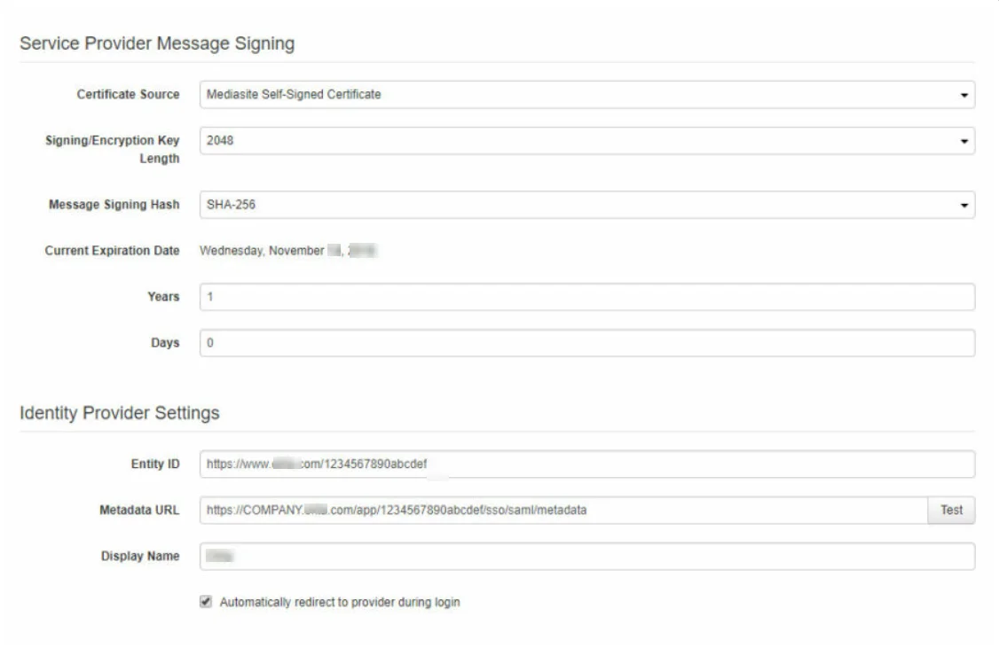 Mediasite Single Sign On (sso) import metadata values