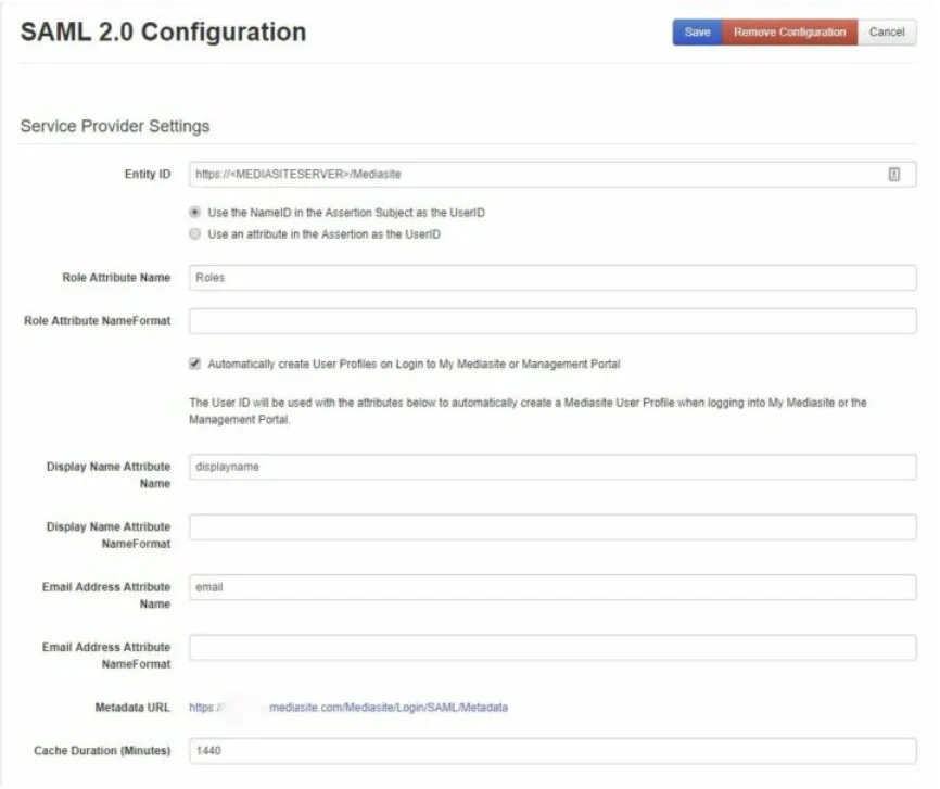 Mediasite Single Sign On (sso) setup single sign-on