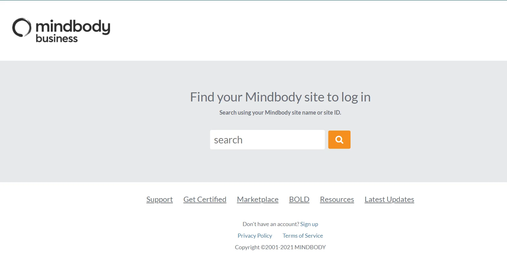 MindBody Single Sign-On (sso) user login page 