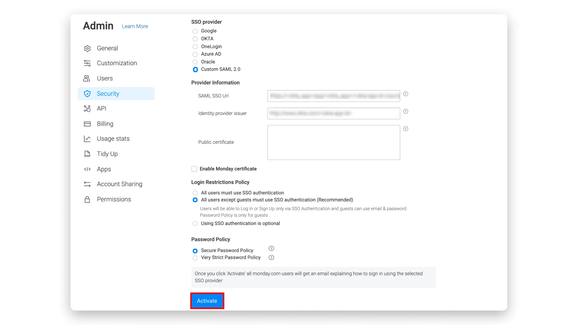 Monday.com Single Sign On (sso) import metadata values