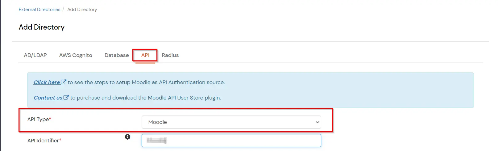 Switch to API configuration tab and select Moodle